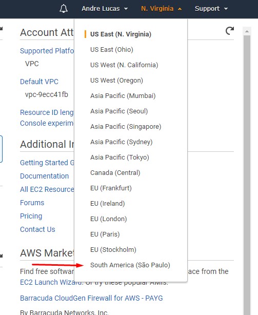 localização do servidor da aws